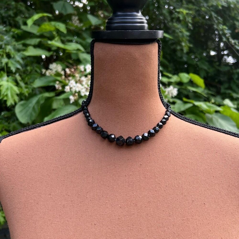 Black Beaded Choker Necklace, Press & Pull Clasp, No Stretch
